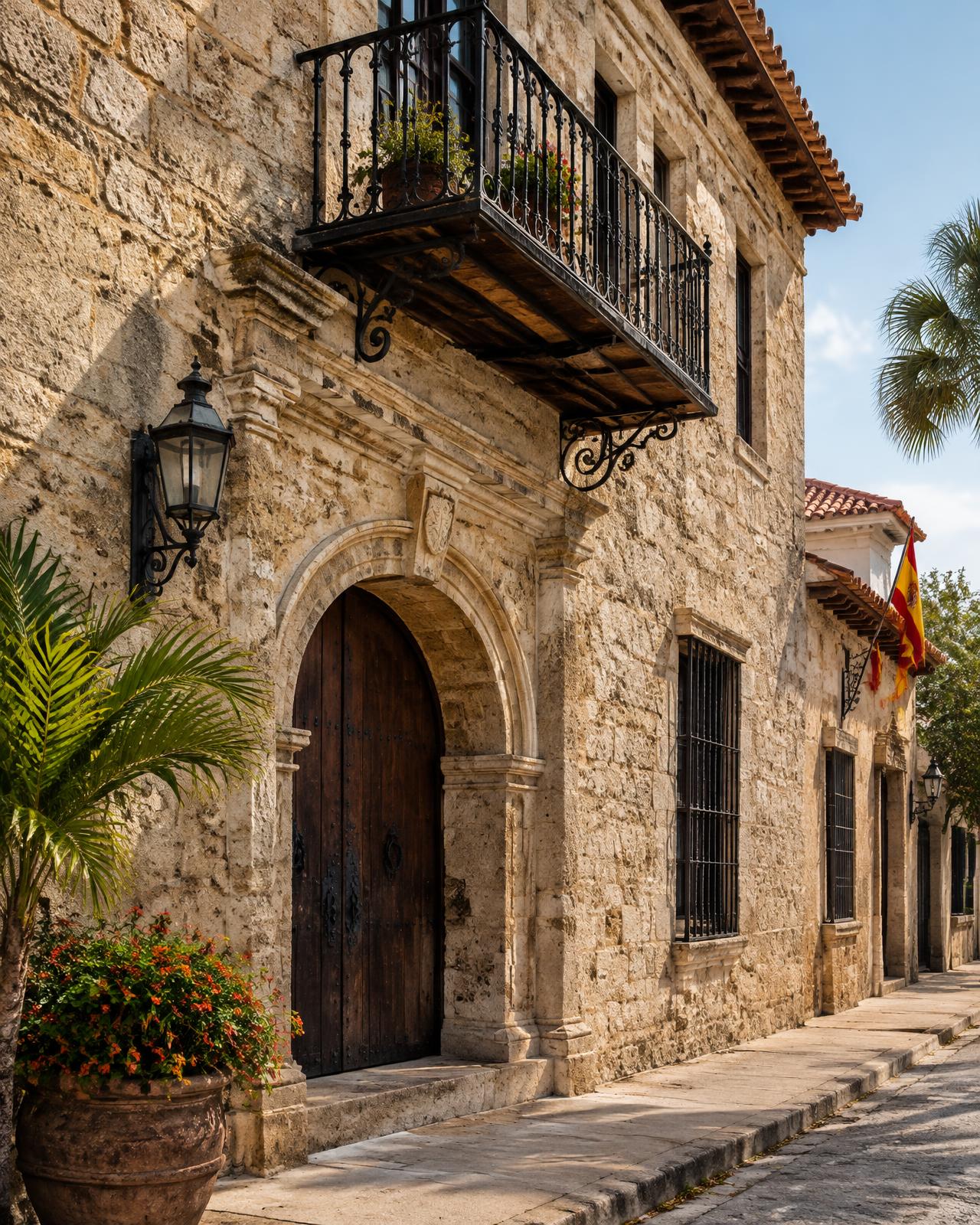 Coquina stone facade with an arched wooden door and iron balcony in historic St. Johns County